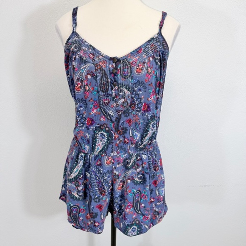 American Eagle Metallic Paisley‎ Boho Shimmer Festival Romper Lurex Blue Size M